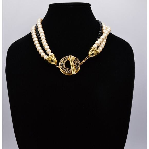 Givenchy Vintage Logo Collar Necklace Paris Toggle Pearl Black White Chunky BinG - Picture 4 of 12
